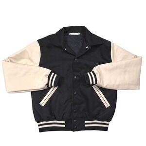 MNML Varsity Bomber Jacket Black Cream Sleeves Quilted Lined Size Small